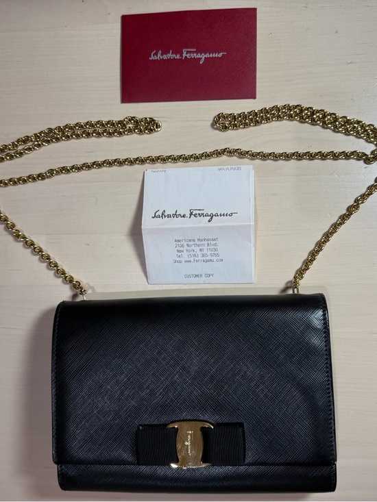 Salvatore Ferragamo Handbags - Salvatore Ferragamo Black Leather Crossbody with Gold Chain and Vara Bow